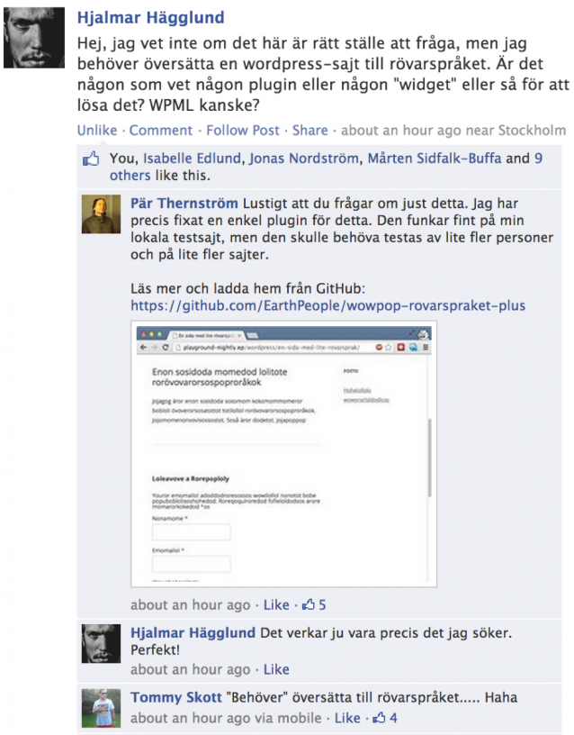 Finns det en WP-plugin för att översätta till rövarspråket? Jajjemensan!